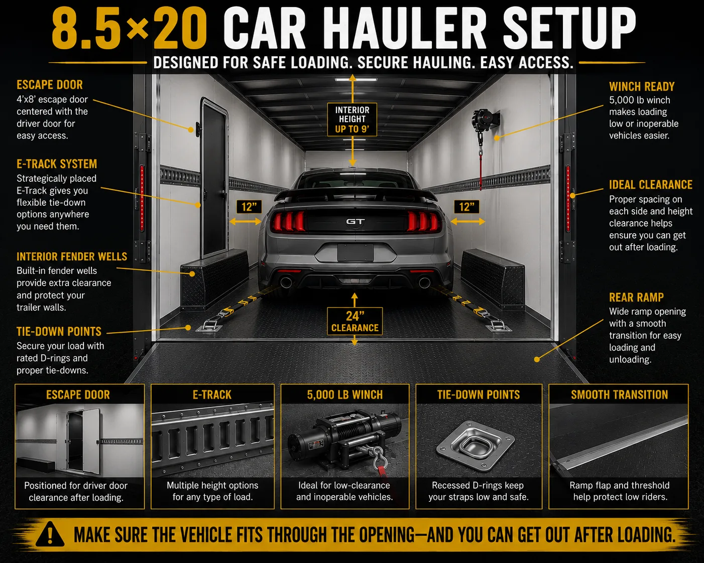8.5x20 enclosed car hauler setup with escape door E-Track and winch