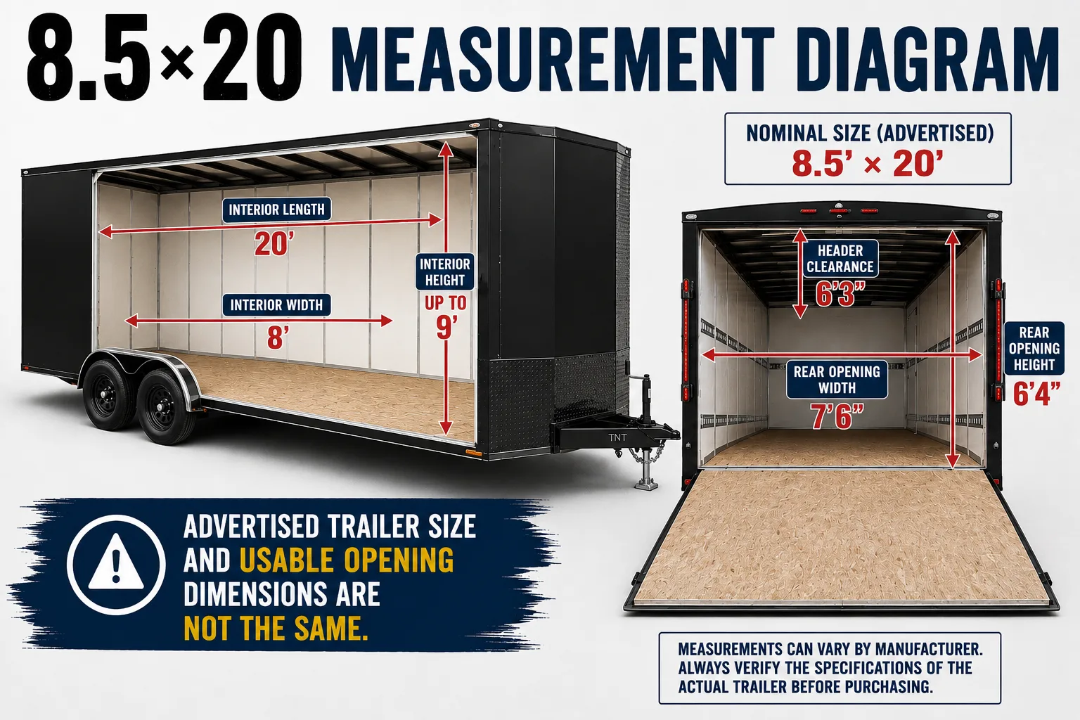 8.5x20 enclosed trailer dimensions and rear opening measurements