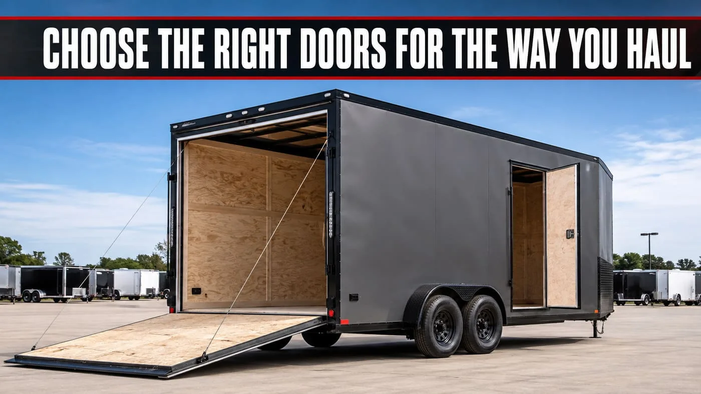 Enclosed trailer door guide showing rear ramp and side door options