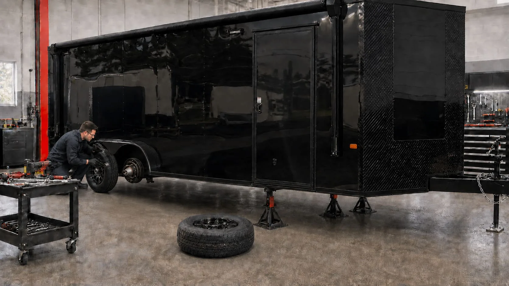 Technician performing a professional inspection on an enclosed trailer
