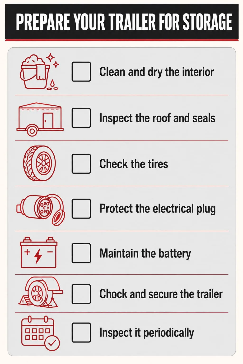 Enclosed trailer storage preparation checklist