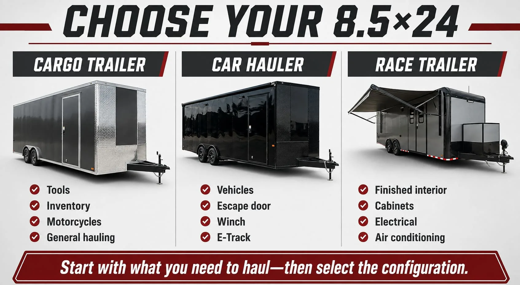 8.5x24 cargo trailer, car hauler and race trailer comparison