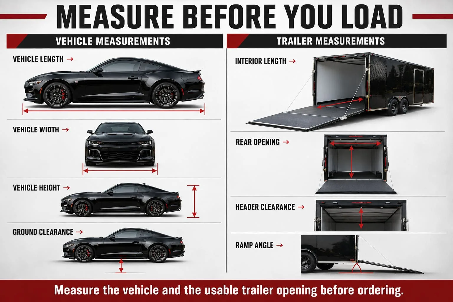 Measurements needed before loading a vehicle into an 8.5x24 trailer