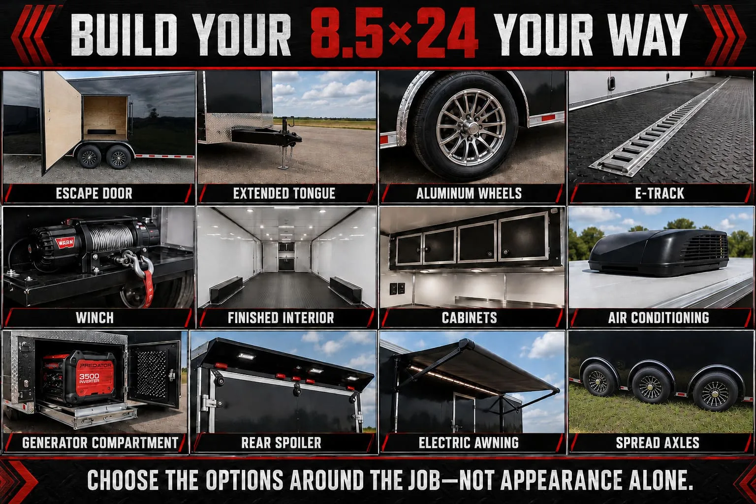 Popular custom upgrades for an 8.5x24 enclosed trailer
