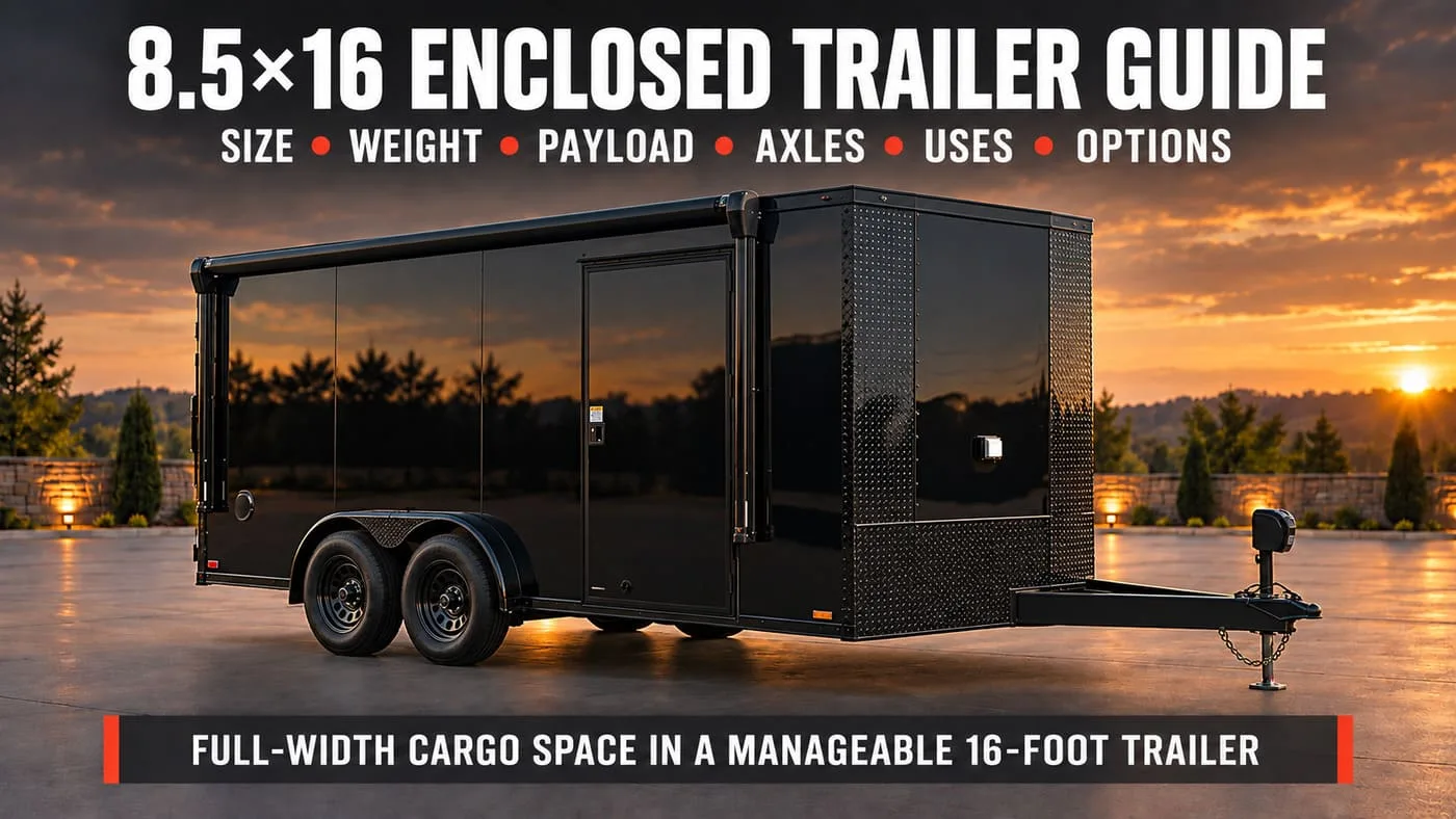 Black 8.5x16 tandem-axle enclosed trailer showing full-width cargo-trailer proportions