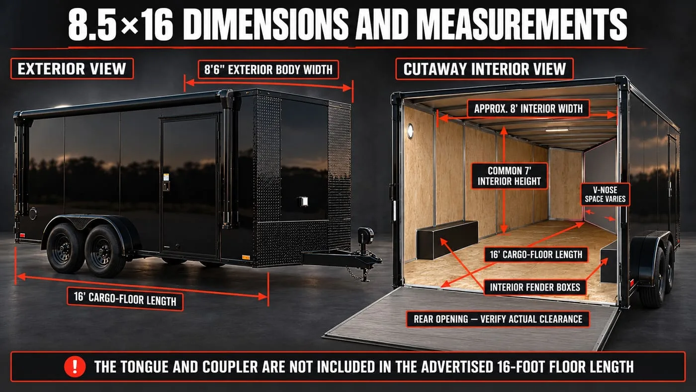 8.5x16 enclosed trailer dimensions showing body width, interior width, floor length and interior height