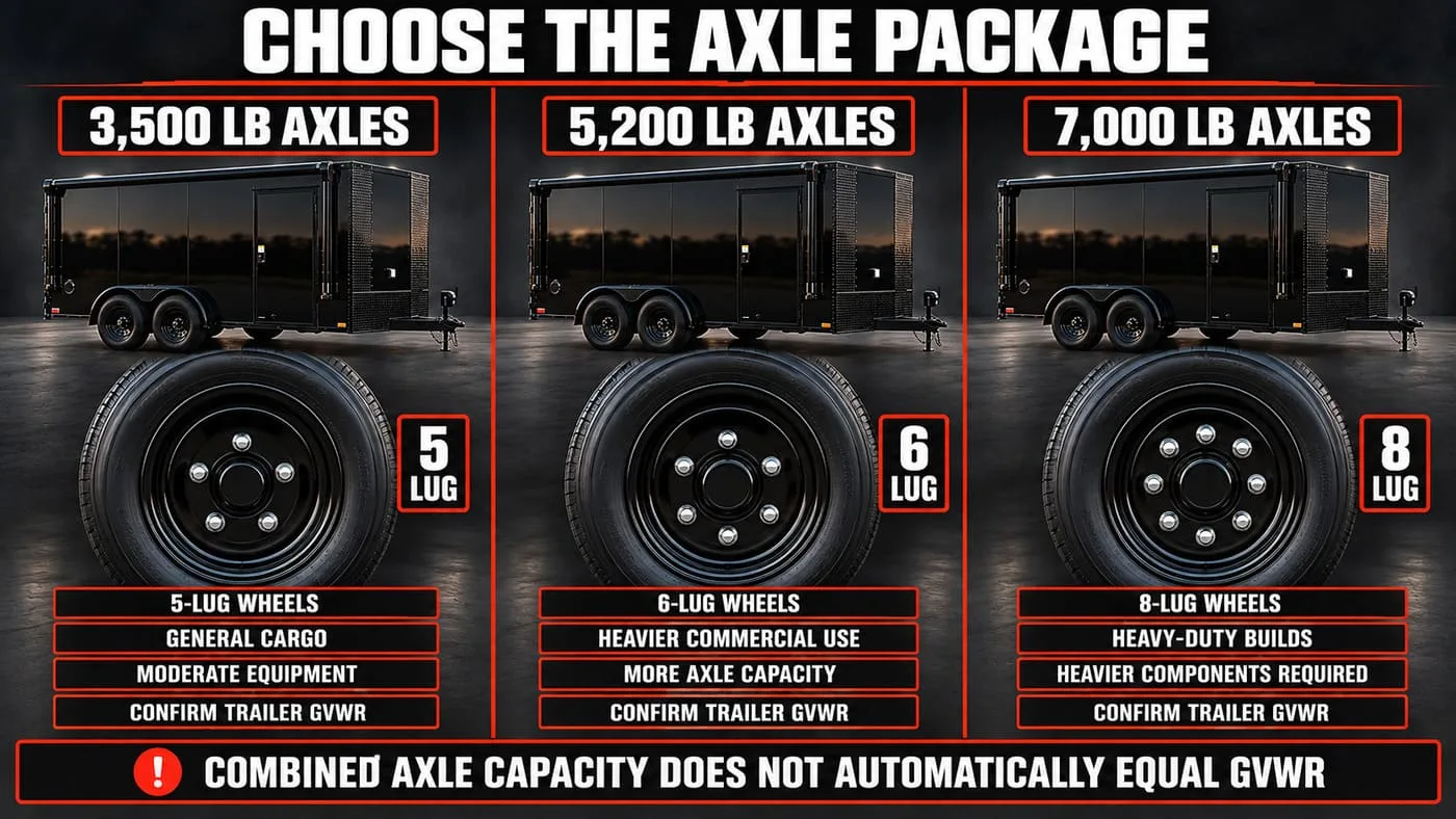 8.5x16 enclosed trailer axle comparison showing 3500, 5200 and 7000-pound axle packages