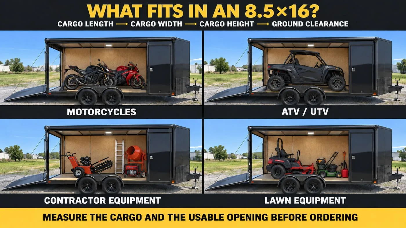 Examples of motorcycles, UTVs, contractor equipment and lawn equipment that may fit inside an 8.5x16 enclosed trailer