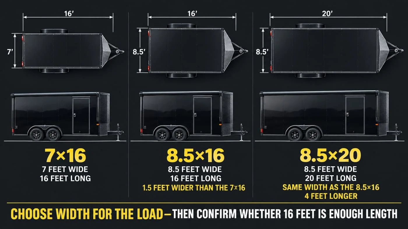 Proportional size comparison of 7x16, 8.5x16 and 8.5x20 enclosed trailers