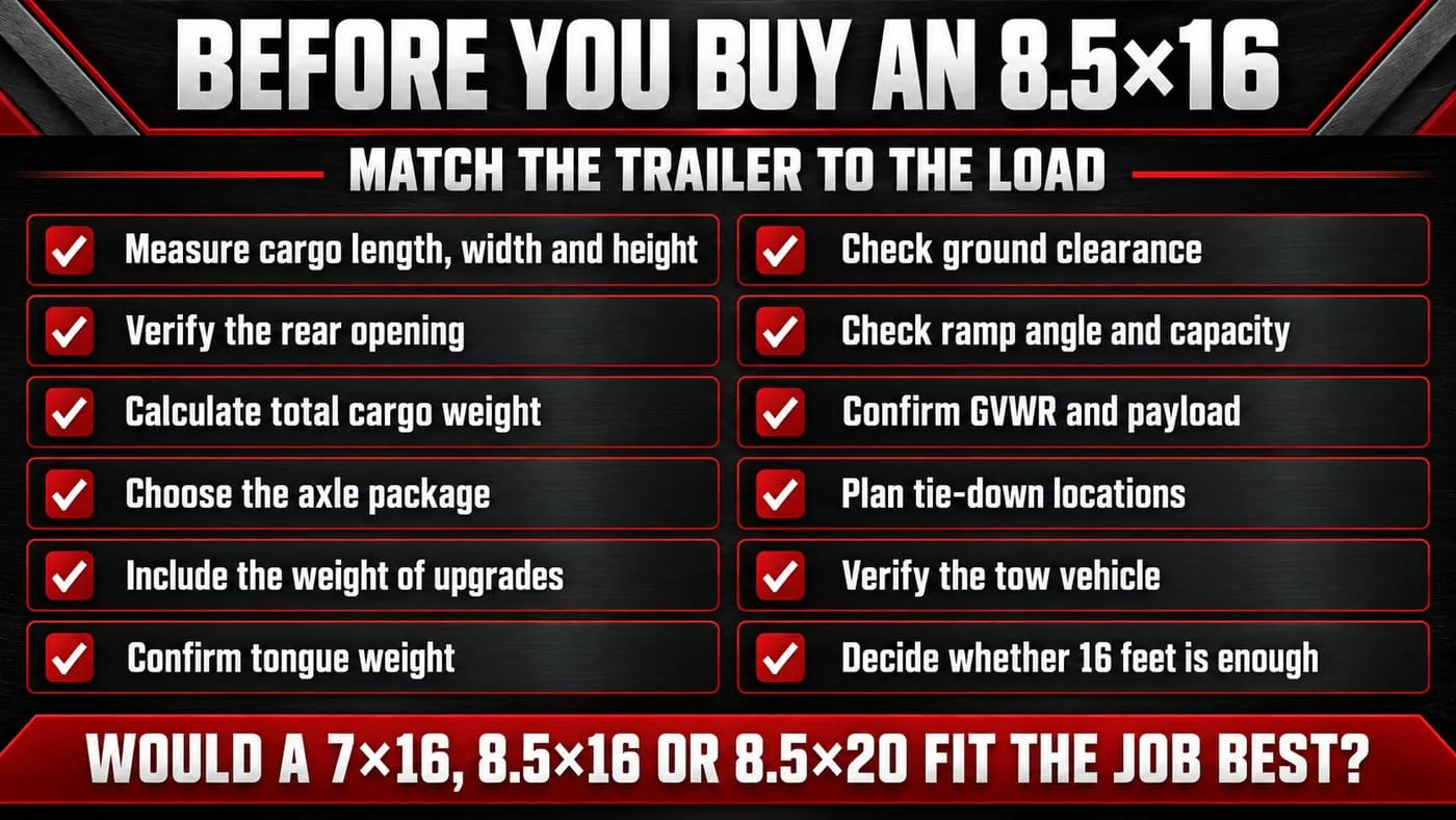 8.5x16 enclosed trailer buying checklist covering measurements, weight, payload, axles, loading and towing