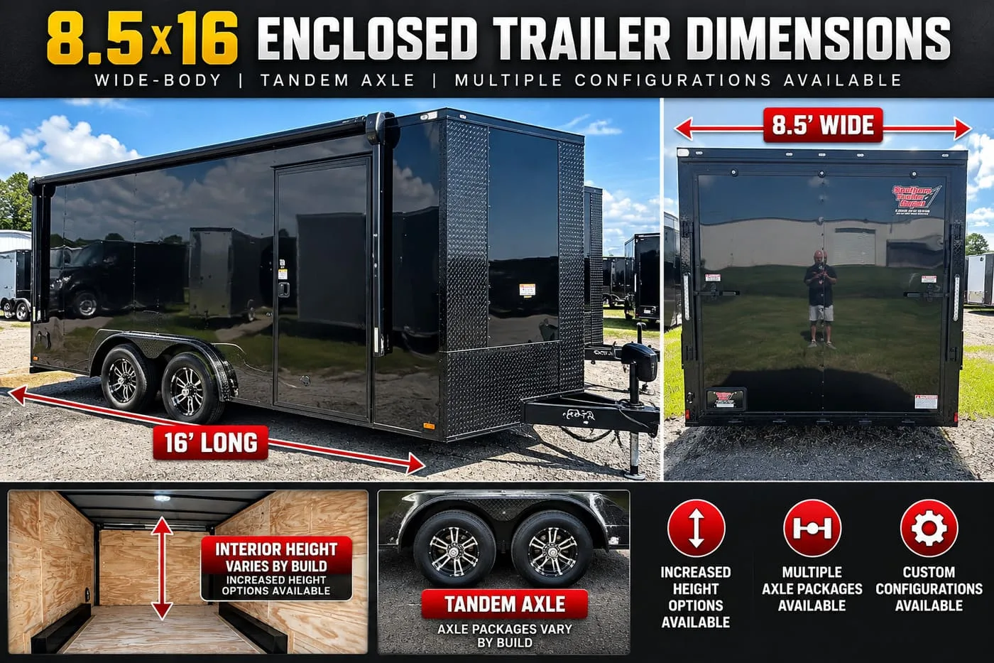 8.5x16 enclosed trailer dimensions diagram showing width, length and axle configuration
