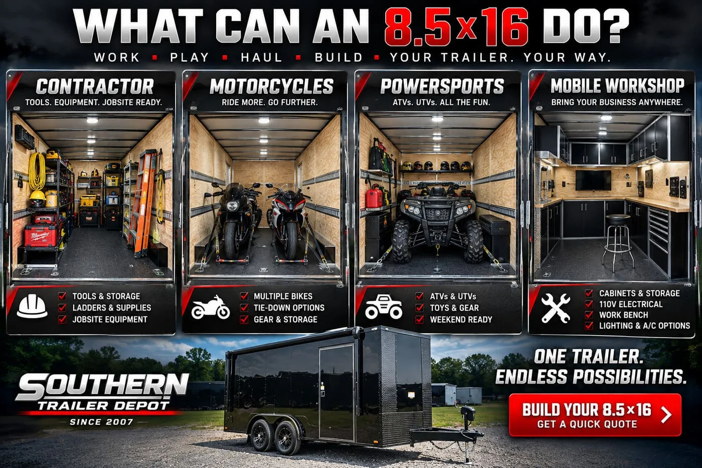 Interior use cases for an 8.5x16 enclosed trailer including contractor, motorcycle, powersports and mobile workshop setups