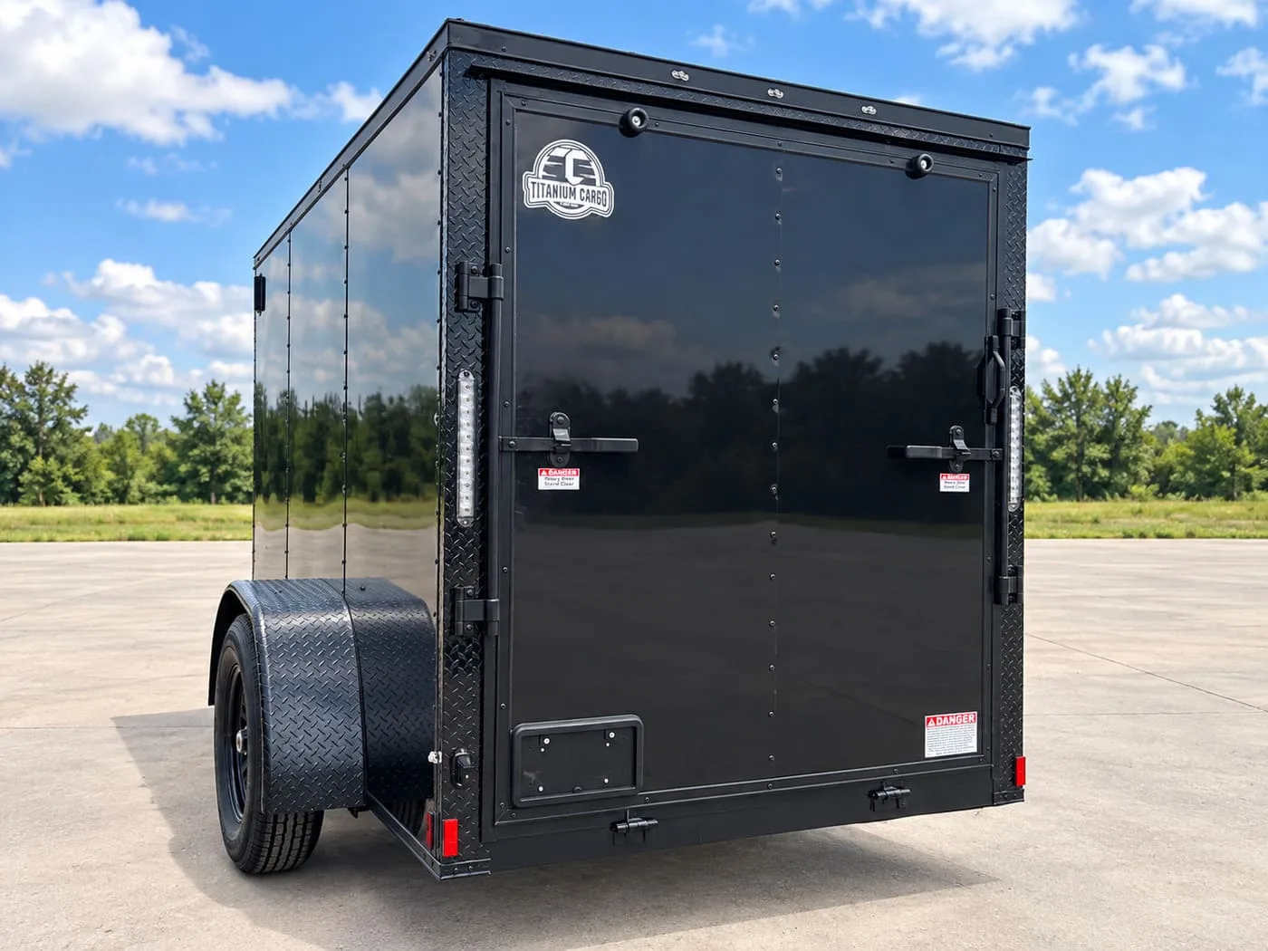 6x12 enclosed cargo trailer rear view with Titanium Cargo branding