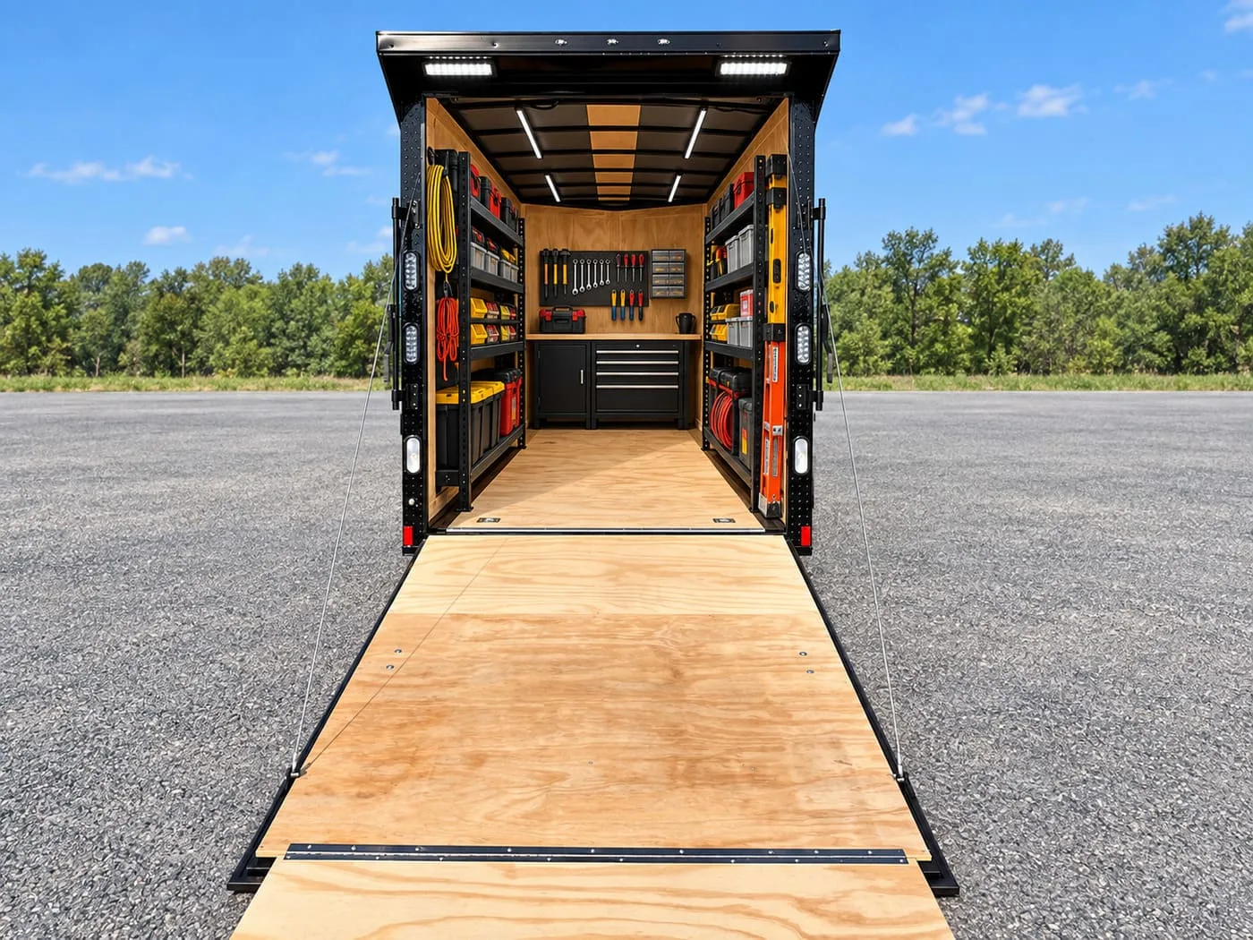 6x12 enclosed trailer interior set up as a mobile contractor workspace with tool storage