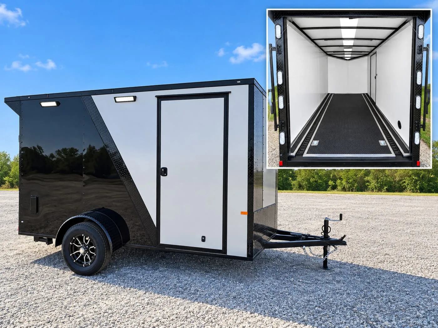 6x12 enclosed trailer exterior and interior flooring combo view