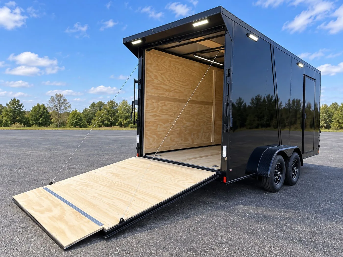 7x14 enclosed trailer exterior with rear ramp door open, ready for loading