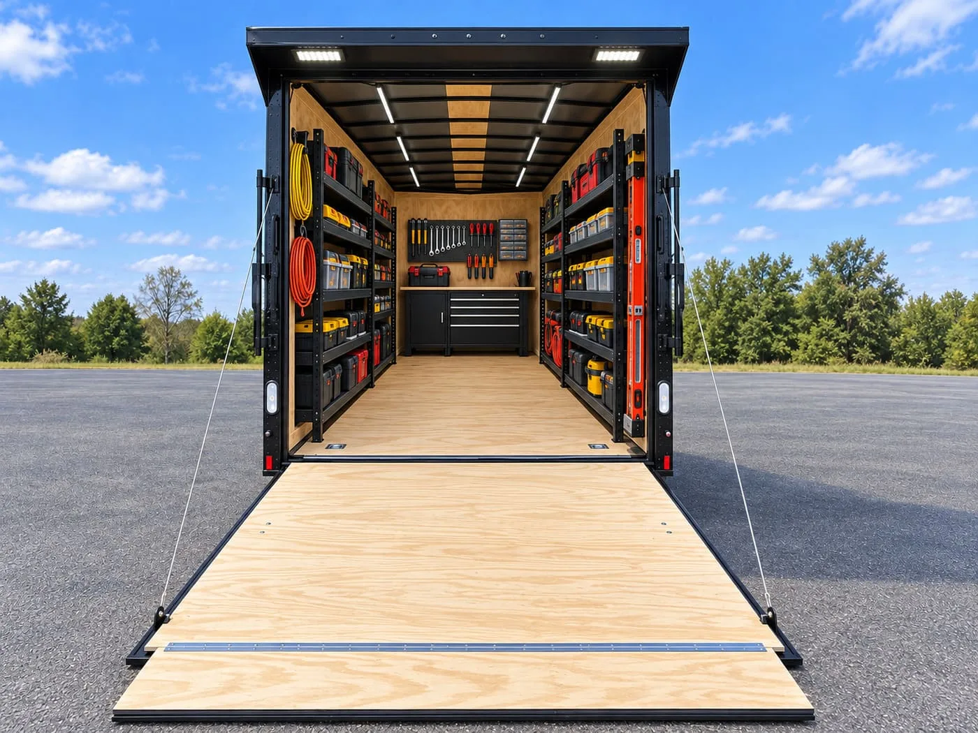7x14 enclosed trailer interior set up as a mobile contractor workshop with tool shelving