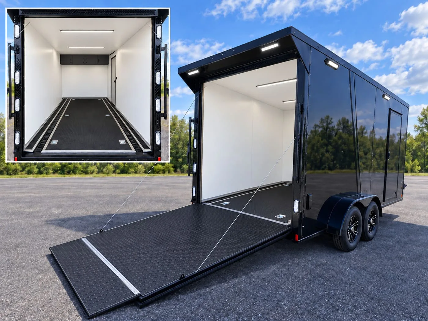 7x14 enclosed trailer with finished white interior walls and rubber coin flooring
