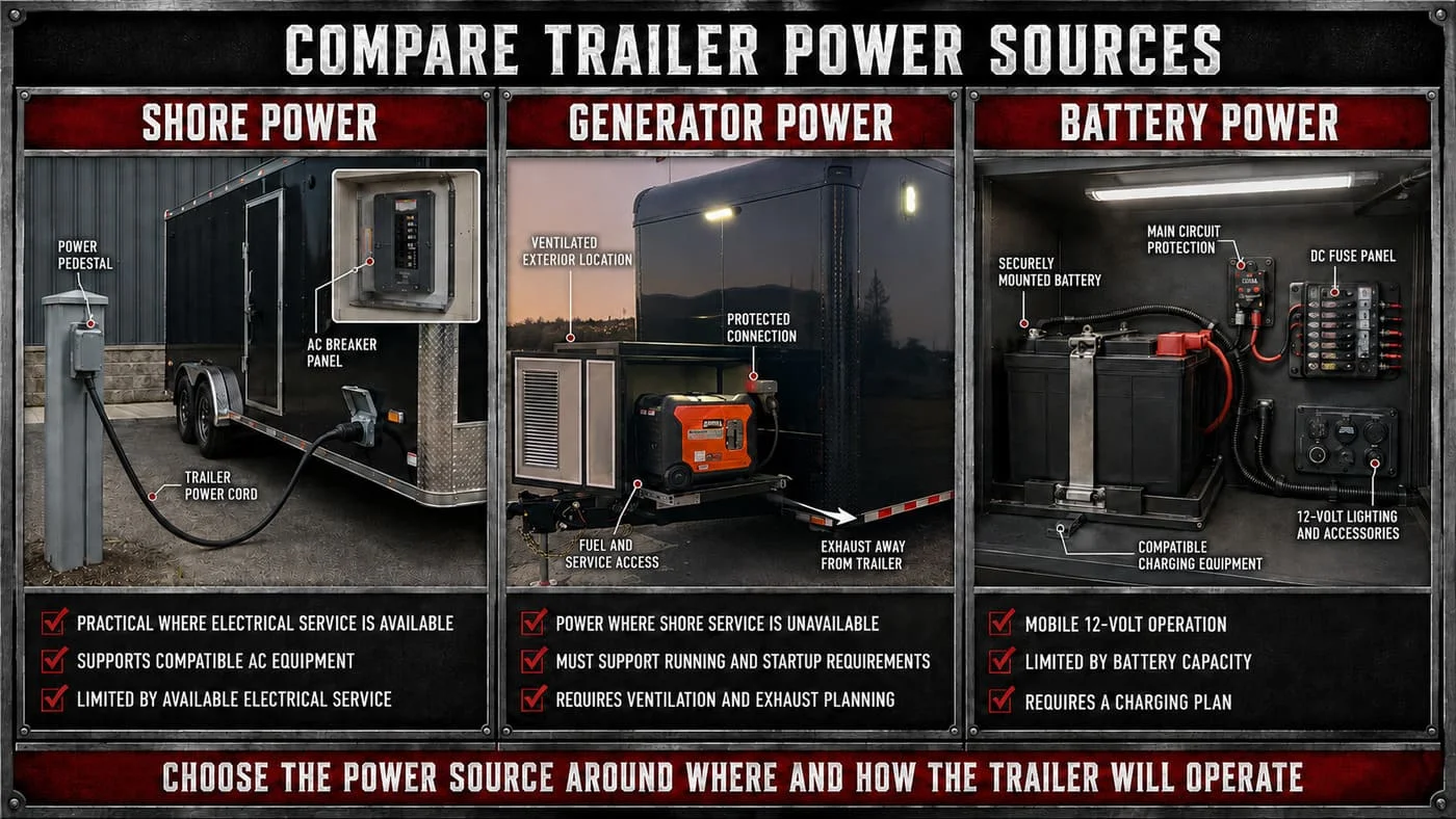 Comparison of shore power, generator power and battery power for an enclosed trailer