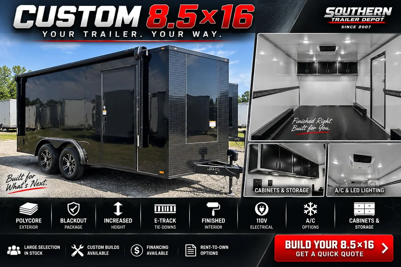 Custom 8.5x16 enclosed trailer with PolyCore exterior, cabinets, electrical and interior upgrade options