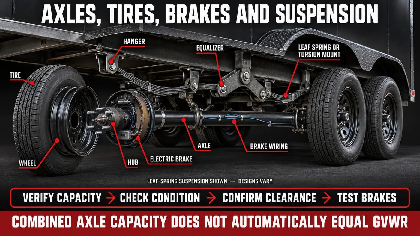 Cutaway inspection diagram of enclosed-trailer axles, suspension, hubs, electric brakes, wheels and tires.