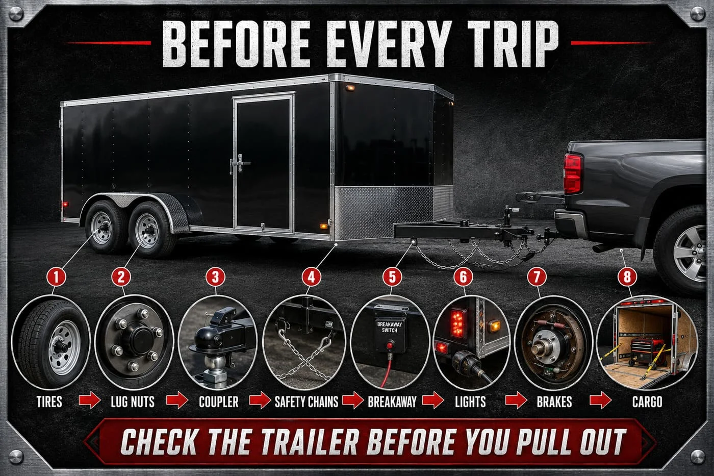 Enclosed trailer pre-trip inspection showing tires, lug nuts, coupler, safety chains, breakaway system, lights, brakes and cargo