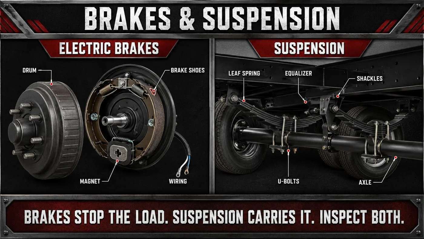 Electric trailer brakes and leaf spring suspension components