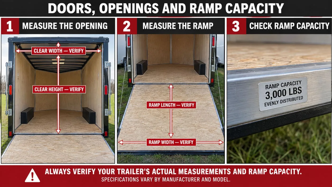 Enclosed-trailer door inspection showing rear-opening measurements, lowered ramp angle and side-door alignment.
