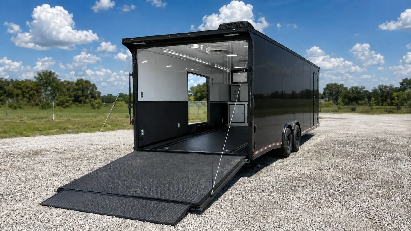Finished enclosed trailer with lighting, air conditioning, outlets and electrical package