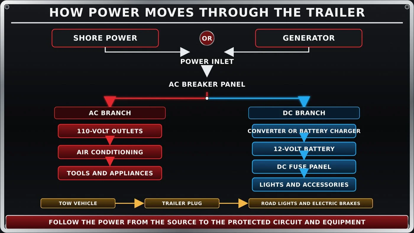 Enclosed trailer electrical power-flow diagram from shore power to AC and DC equipment