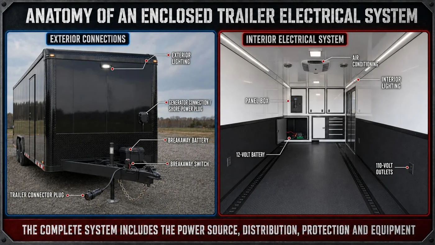 Diagram showing the major components of an enclosed trailer electrical system