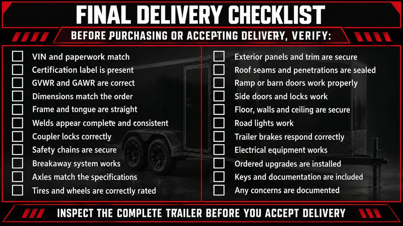 Enclosed trailer final delivery checklist covering VIN, paperwork, ratings, frame, axles, tires, doors, lights, brakes, electrical equipment and ordered upgrades.