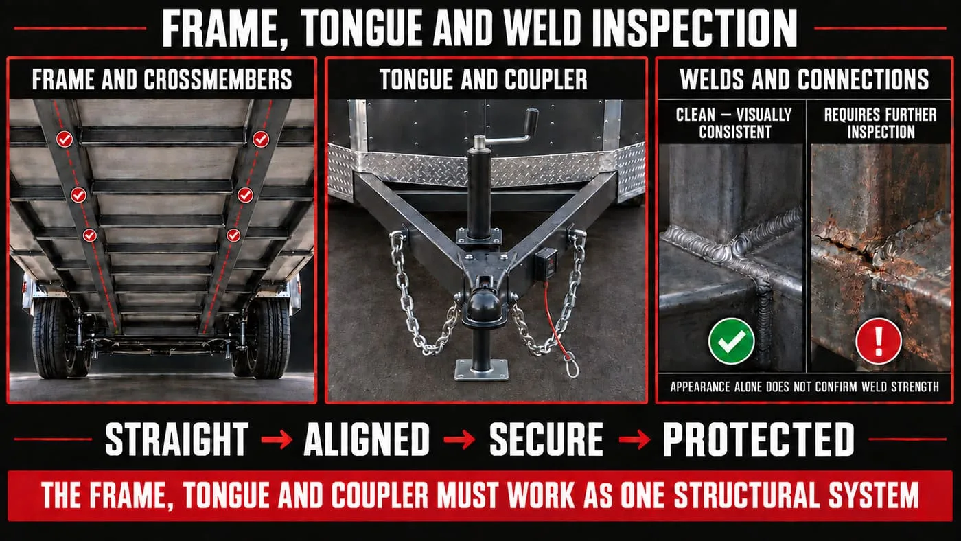 Enclosed-trailer frame inspection showing crossmembers, A-frame tongue, coupler and structural welds.