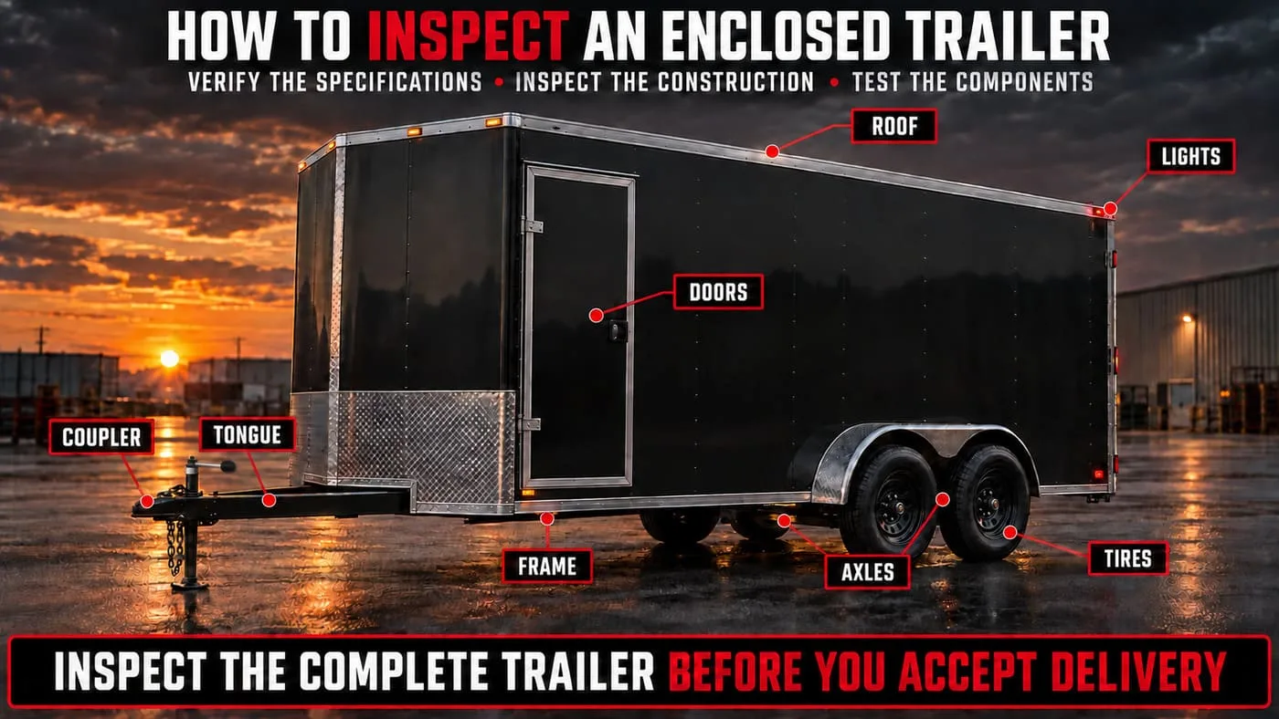 Black tandem-axle enclosed trailer with inspection callouts for the frame, tongue, axles, roof, doors, tires and lights.