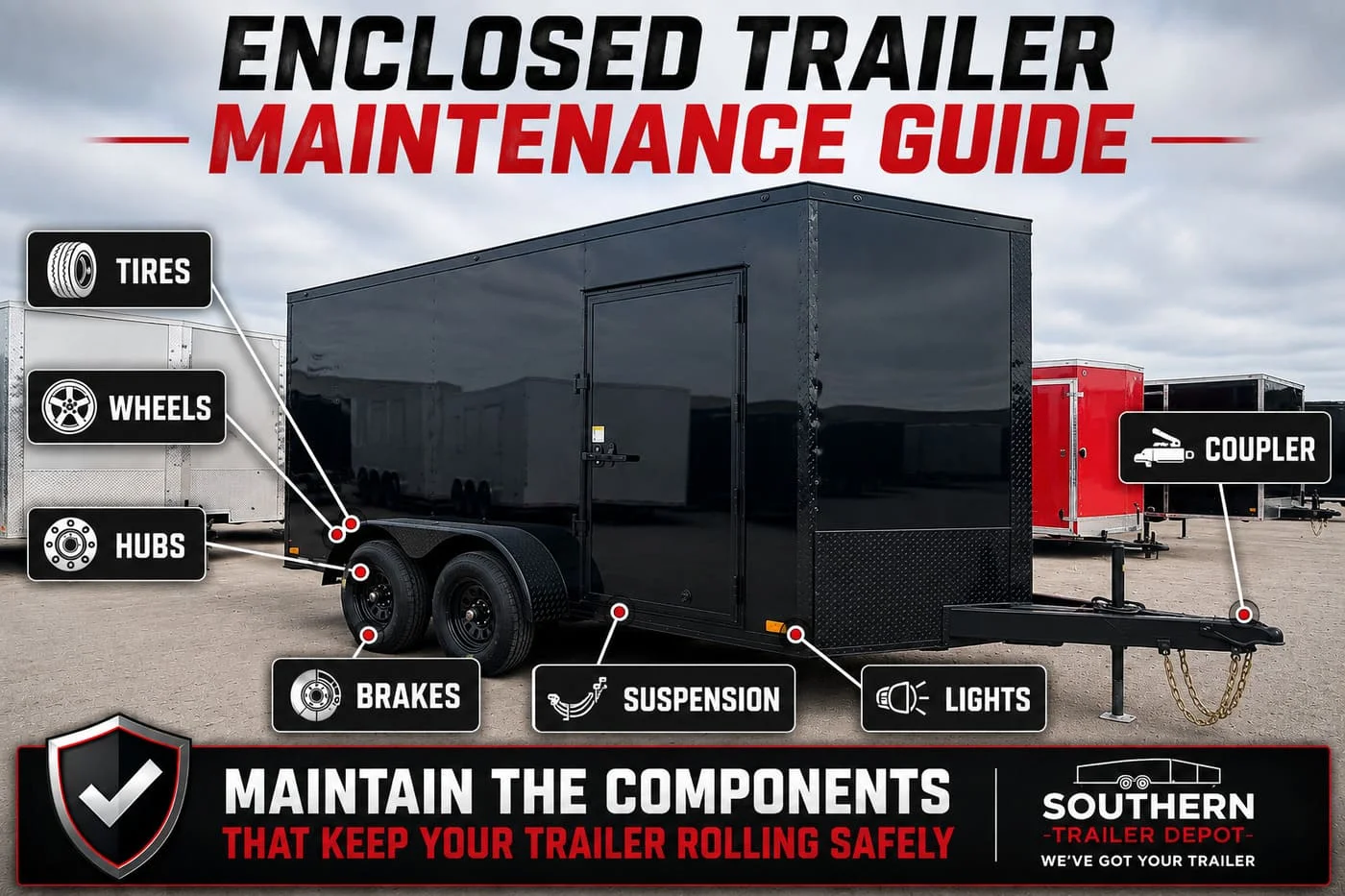 Enclosed trailer maintenance guide showing tires, wheels, hubs, brakes, suspension, lights and coupler