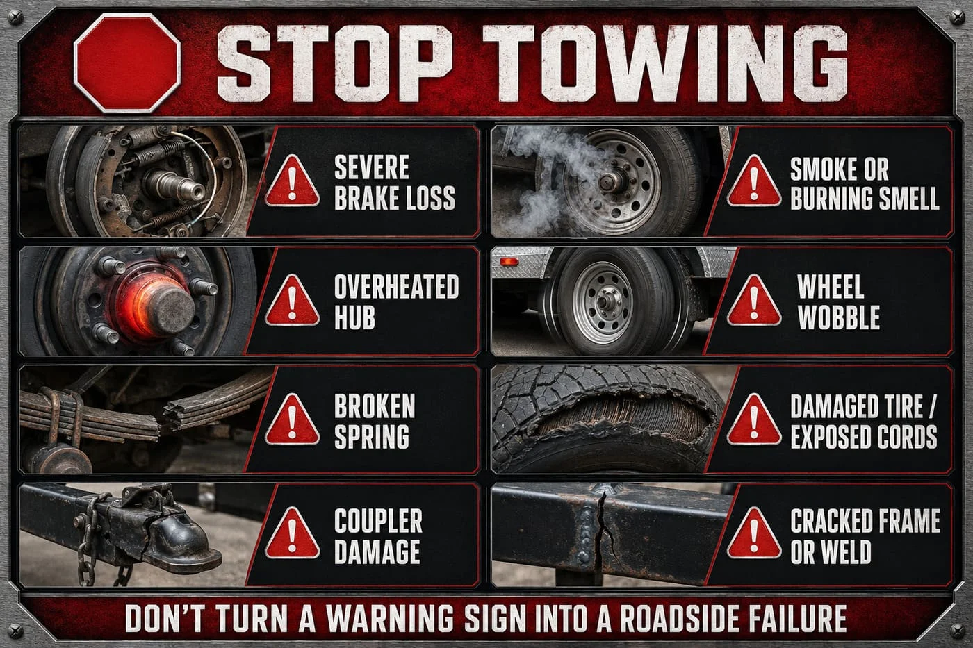 Trailer warning signs that require stopping towing and inspecting the trailer