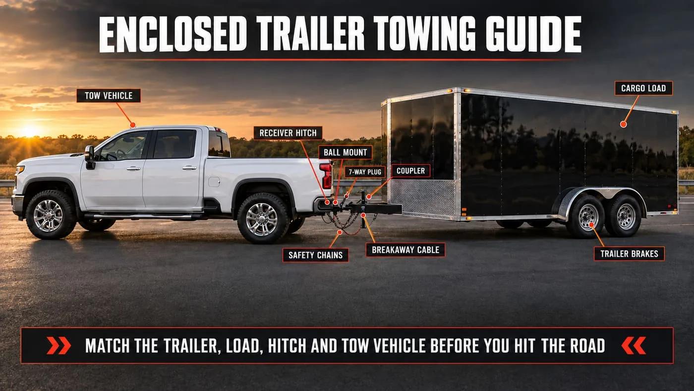 Enclosed trailer towing setup showing tow vehicle, hitch, coupler, safety chains, breakaway cable, brakes and cargo load