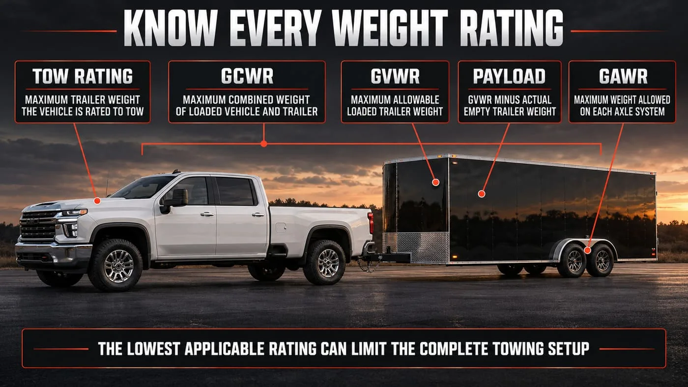 Enclosed trailer towing weight ratings including tow rating, GCWR, GVWR, payload and GAWR