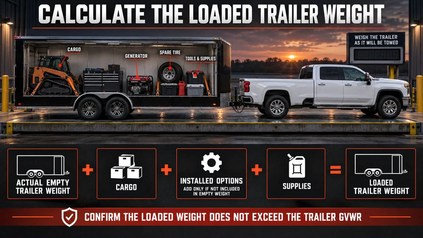 How to calculate enclosed trailer loaded weight using empty trailer weight, cargo, installed options and supplies