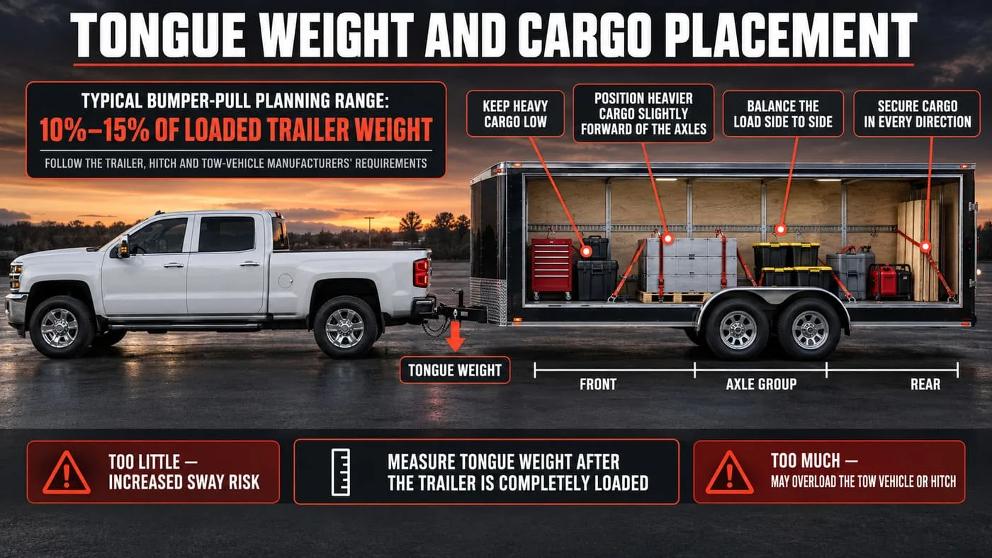 Enclosed trailer tongue weight and cargo placement guide showing proper load balance