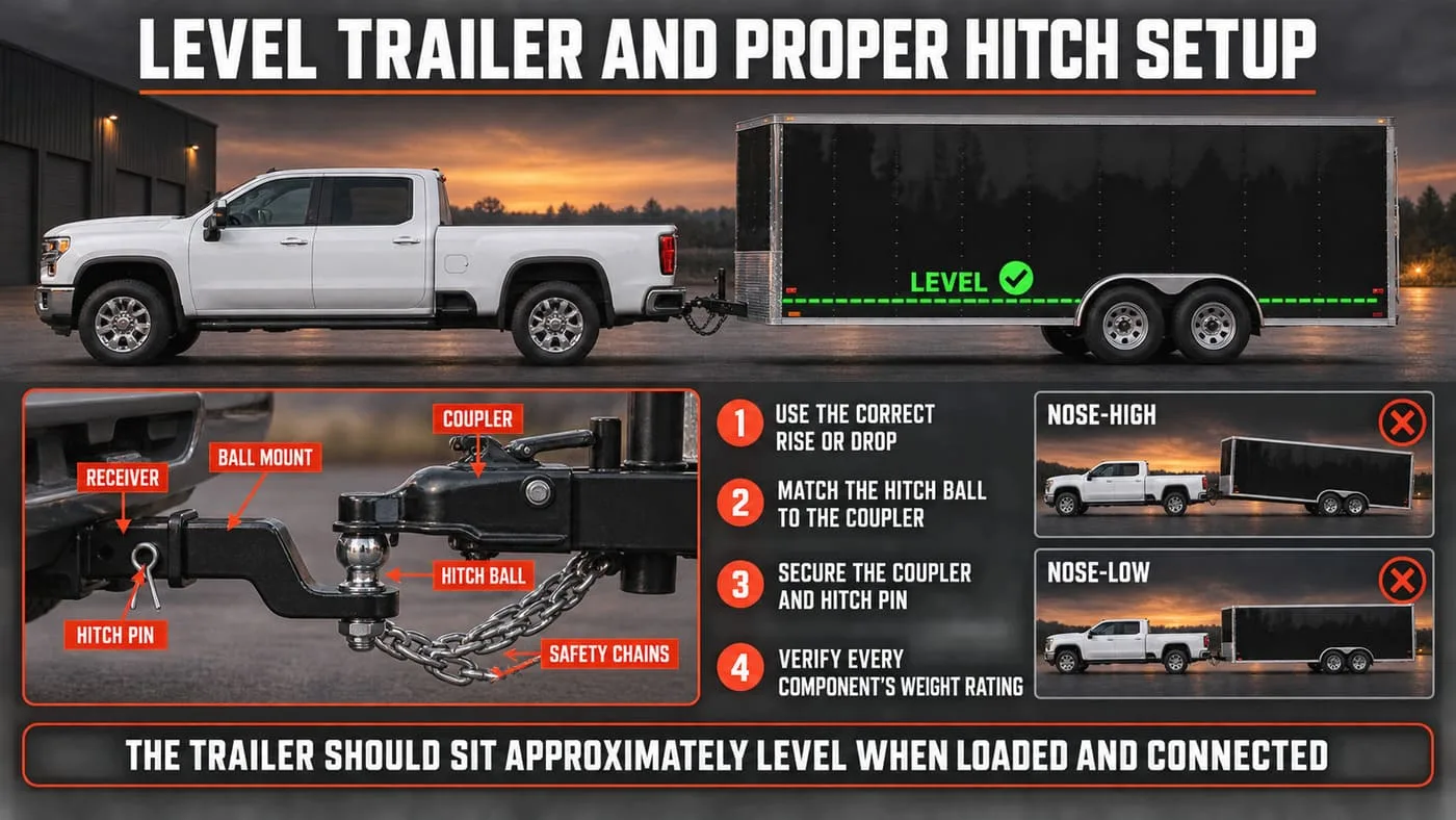 Level enclosed trailer and proper hitch setup showing receiver, ball mount, coupler and safety chains