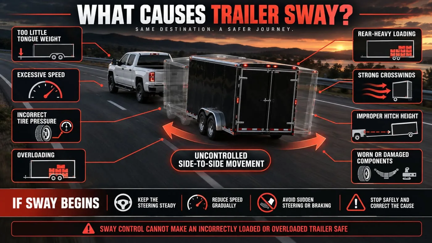 Common causes of enclosed trailer sway including low tongue weight, speed, rear-heavy loading, wind and improper hitch height
