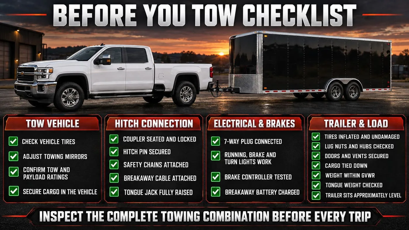 Enclosed trailer pre-trip towing checklist for tow vehicle, hitch connection, brakes, tires and cargo