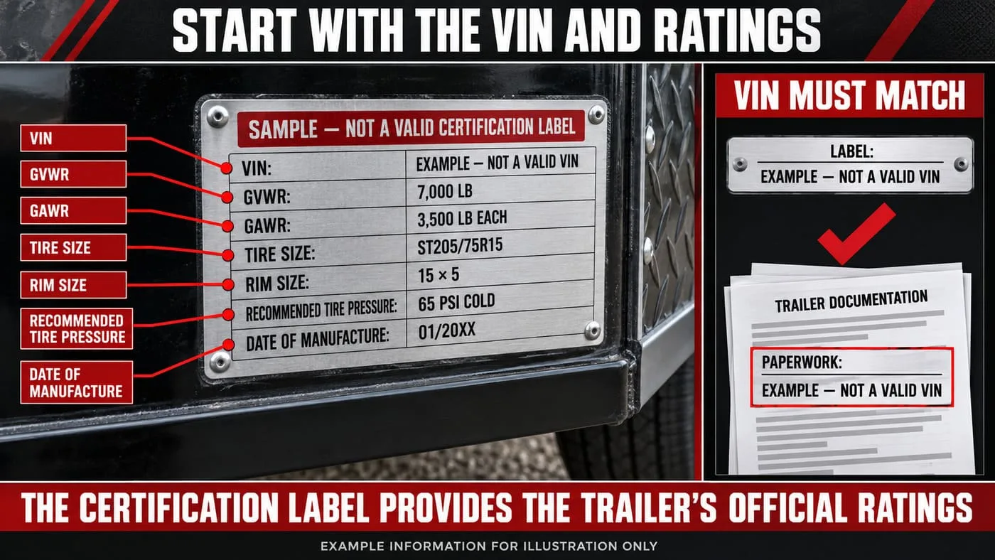 Enclosed-trailer certification label diagram identifying the VIN, GVWR, axle ratings, tire size and recommended tire pressure.