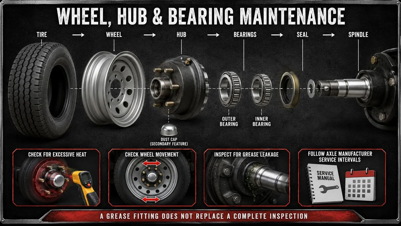 Enclosed trailer wheel hub and bearing maintenance diagram