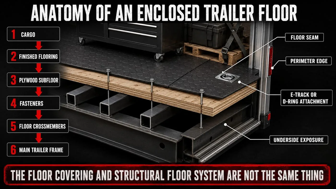 Enclosed trailer floor system and construction layers