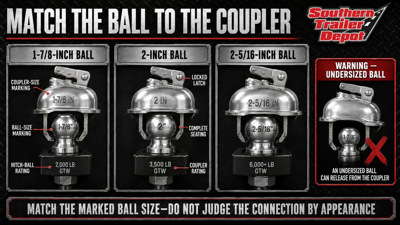 Comparison of common trailer ball sizes and matching trailer couplers