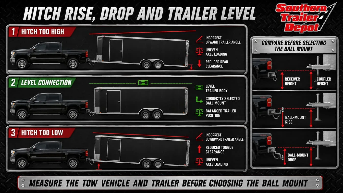 Diagram comparing a trailer hitched too high, level and too low