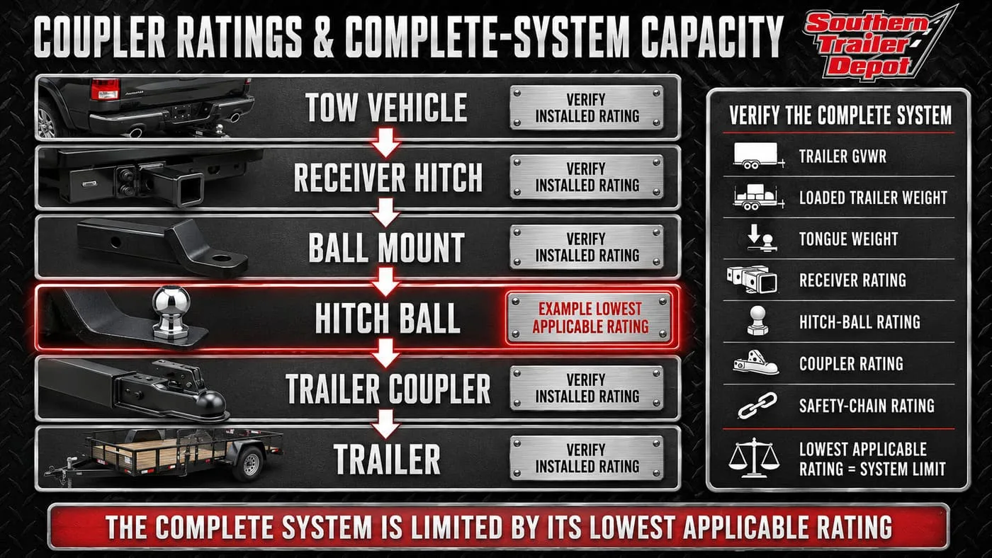 Trailer hitch and coupler rating chain showing that the lowest-rated component limits capacity