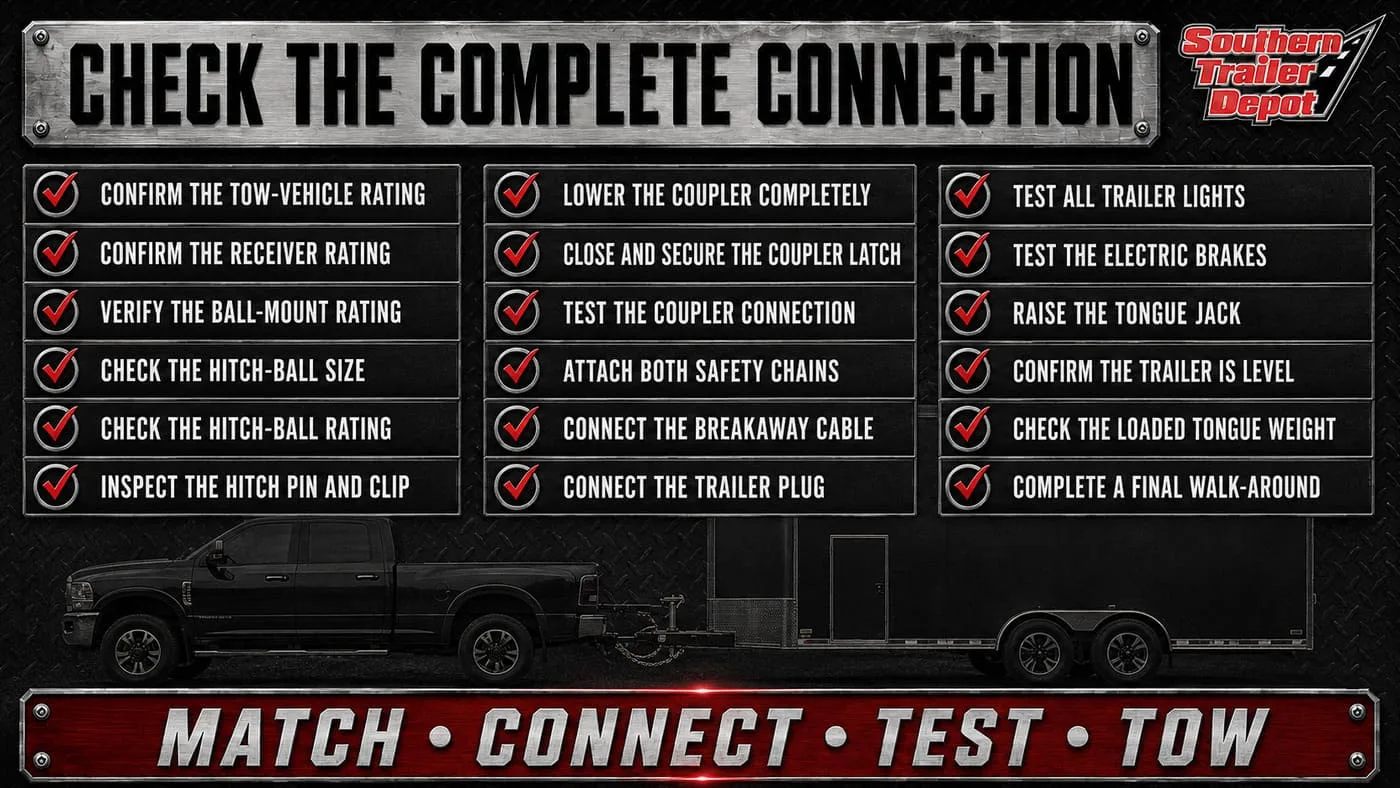Trailer hitch and coupler connection checklist to complete before towing